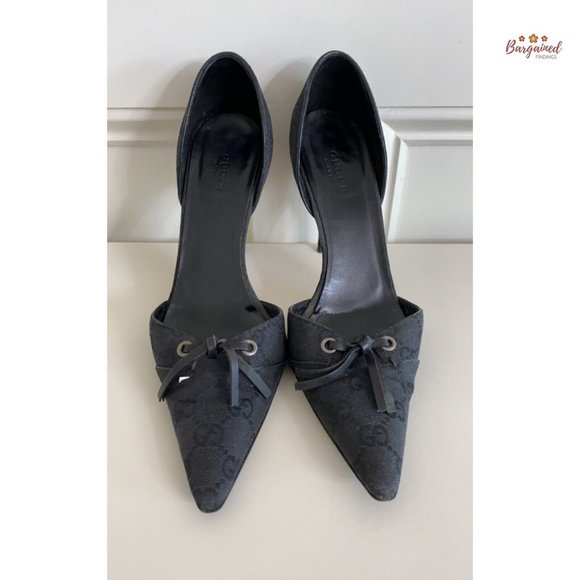 Authentic GUCCI Vintage Black GG Monogram Canvas Leather D'ORSAY Heel Pumps 7.5 - Picture 2 of 15
